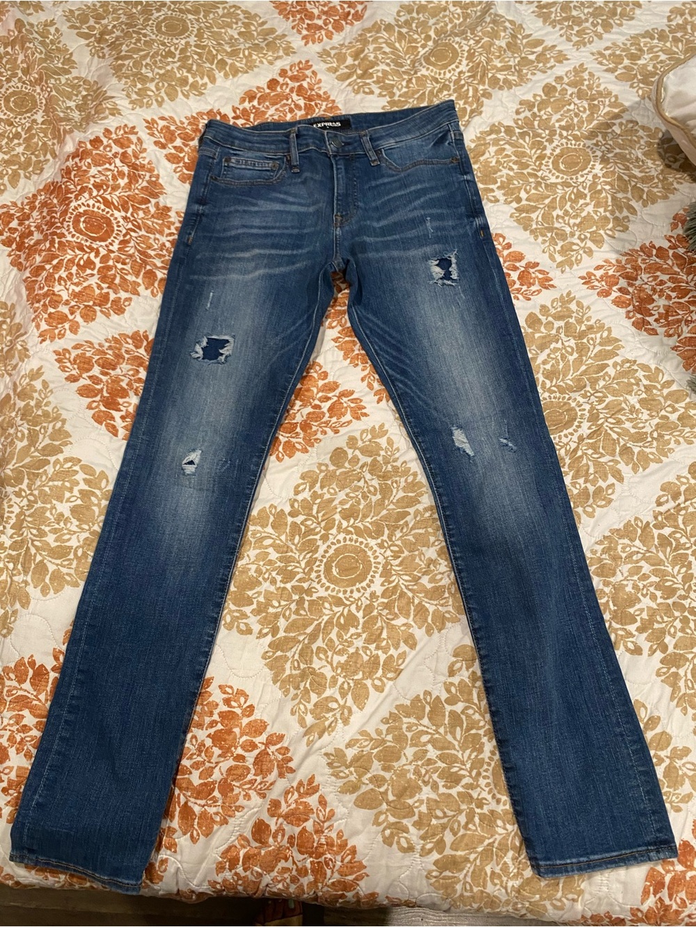 Express Men’s Skinny Jeans Blue Hyper Stretch Distressed Mid Rise Medium Wash 29
